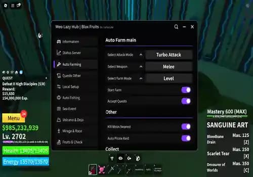 [MeoLazy Hub] Blox Fruits script – Auto Farm, Auto Quest, Fishing