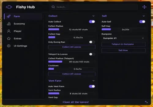 [Fishy Hub] Clean all the leaves Script - Vent Farm, Teleports