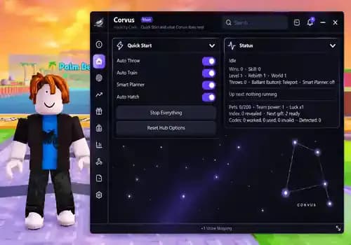 +1 Stone Skipping Script - Corvus Hub, Auto Throw, Auto Train GUI screenshot